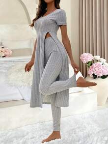 SHEIN LUNE Ladies' Sleeveless Ribbed Split Hem Long T-Shirt And Pants Two-Piece Set - Grey - View 1