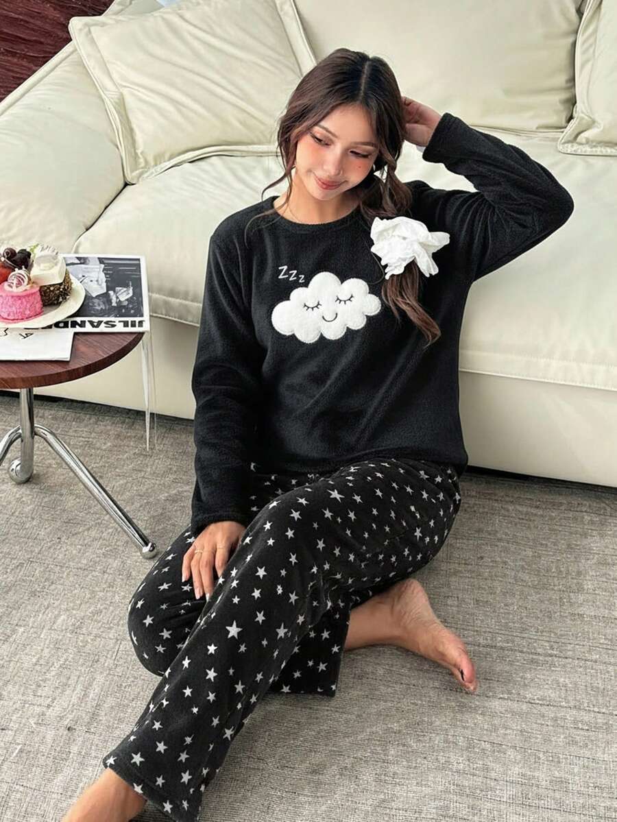 SHEIN 2件套少女可爱云朵图案圆领长袖柔软舒适法兰绒家居服睡衣套装，秋冬季 - 黑與白 - 查看 1