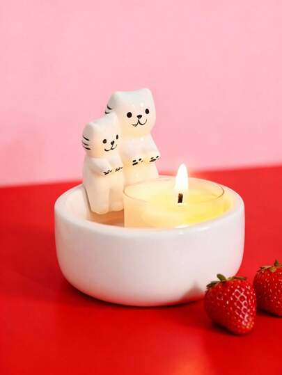 Joivida 1 st vit keramik par kattljusstake, söt skrivbordsdekor ljushållare för semesterfirande, hemmabruk, alla hjärtans dag, vårfest, par kattljusstake
