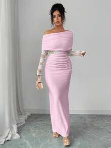 Rafferiza Women's Sexy & Elegant Asymmetric Neck Ruched Lace Patchwork Long Sleeve White Dress - Pink - View 3