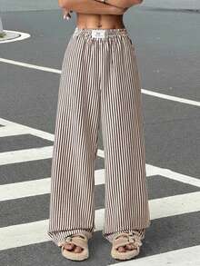 SHEIN EZwear 棕色条纹梭织休闲阔腿裤 - 棕色 - 查看 6