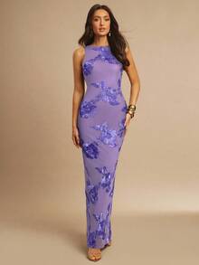 Silquee Váy ôm sát họa tiết hoa thanh lịch, tối giản, gợi cảm dành cho nữ, mùa hè - Màu tím hoa cà - Xem 4