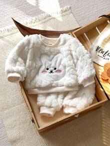 SHEIN Vintaside Kids 2pcs Baby Outfit, Cute Rabbit Pattern Sweatshirt And Fuzzy Long Pants Set, Milky White, Autumn/Winter - Pink - View 13