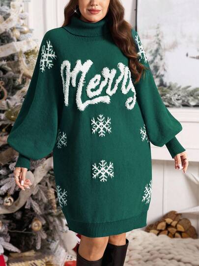 Comfylo 加大码红色圣诞毛衣裙，雪花和字母图案高领针织连衣裙，灯笼袖高领红色毛衣裙，圣诞装，新年装，派对装，新年连衣裙，柔软亲肤保暖毛衣裙，适合家庭聚会，圣诞节，女士修身毛衣裙女士红色连衣裙优雅派对连衣裙派对装秋冬女士服装