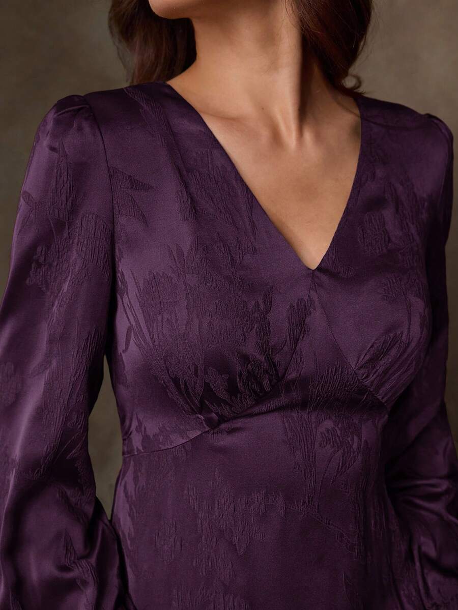 Lilora 紫色优雅深V领修身长袖女式长裙，简约优雅，缎面提花连衣裙，女士冬季优雅连衣裙，高端精致优雅。 - 紫色 - 查看 1