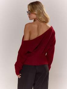 MUSERA 蓬松针织不对称肩部收腰马海毛上衣，可爱，乡村风，田园风，奶油糖色优雅晚装情人节春季情人节 - 酒紅色 - 查看 5