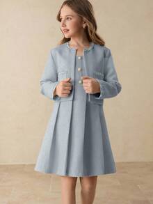 Setelan Jaket Tweed Lengan Panjang Warna Biru Muda Elegan dan Gaun Pendek Tanpa Lengan Berpinggang Tinggi untuk Remaja Perempuan, Cocok untuk Kembali ke Sekolah atau Wisuda Musim Gugur - Biru - View 5