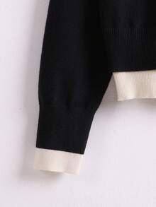 EMERY ROSE Contrast Color Cardigan 2 In 1 Round Neck Loose Casual Basic Knit Sweater Jacket - Black - View 5