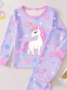 Toddler Girls  Loungewear Set Snug Fit 2-Piece Set - Blue Purple Unicorn Glow Print Long Sleeve Pajamas Set Cute Unicorn Luminous Applique Design Blue Purple Pink Dreamy Color Glow Luminous Fabric Long Sleeve Crew Neck Top Unicorn Glow Pants Combo Social Media Style Magical 2026 New Year Holiday Essential Little Girls Glow Home Set Night Clothes For Kids .This Product Requires UV Light Exposure To Glow. - Purple - View 5