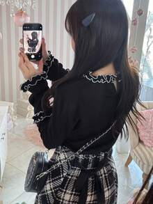 FRIFUL Áo thun nữ cổ tròn tay dài viền bèo nhún đa năng thường ngày - Xám - Xem 8