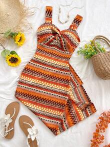 Soleia Women's Bohemian Style Twist Contrast Striped Sleeveless Split Midi Dress, Summer Fashion