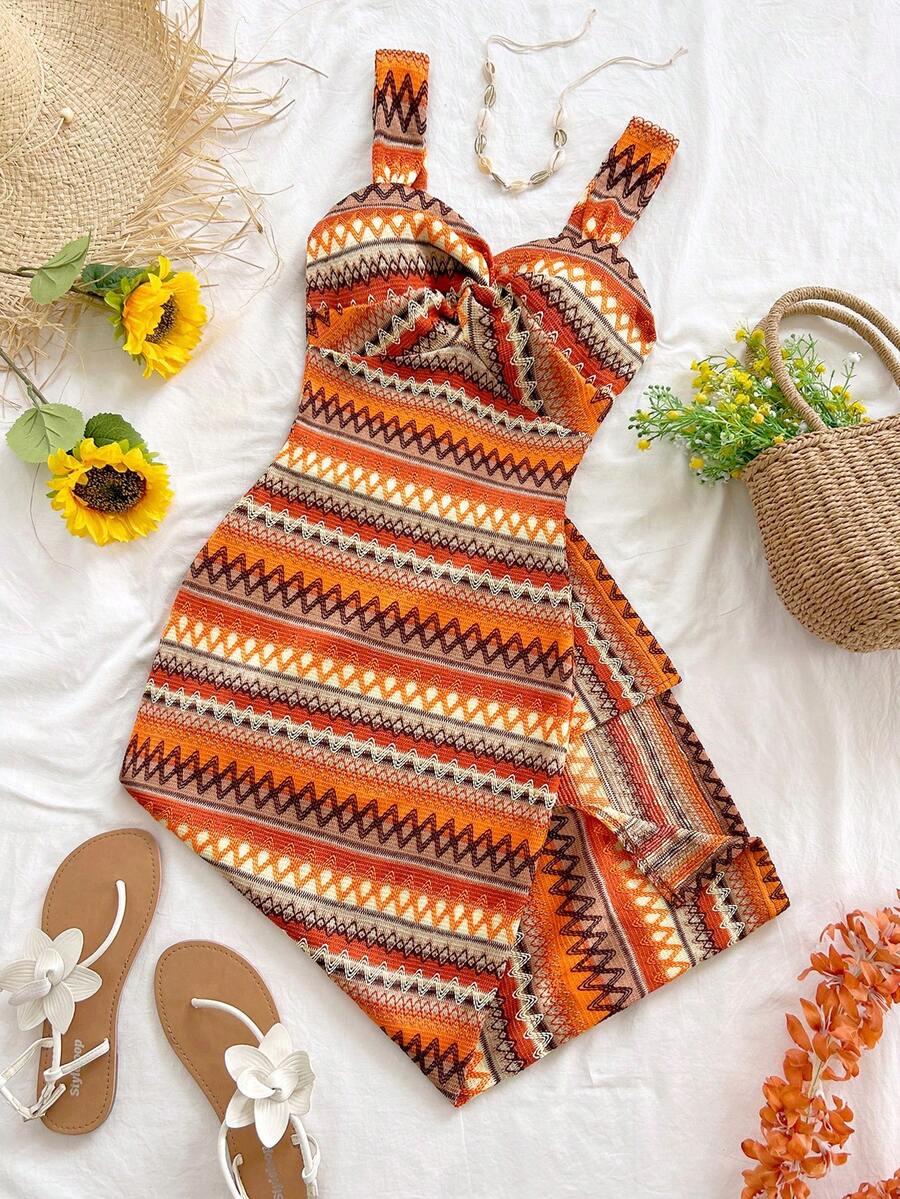 Soleia 女士波西米亚风扭结撞色条纹无袖开衩中长连衣裙，夏季时尚