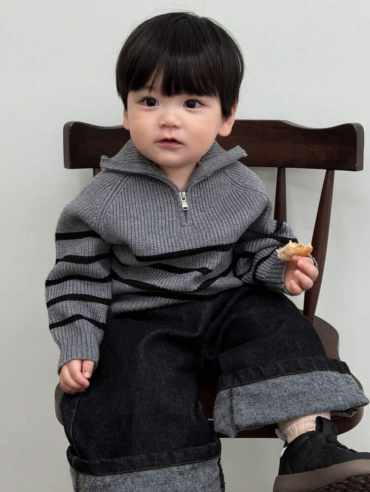 Toddler Boys' Korean Style Striped Collared Long Sleeve Sweater, Autumn/Winter