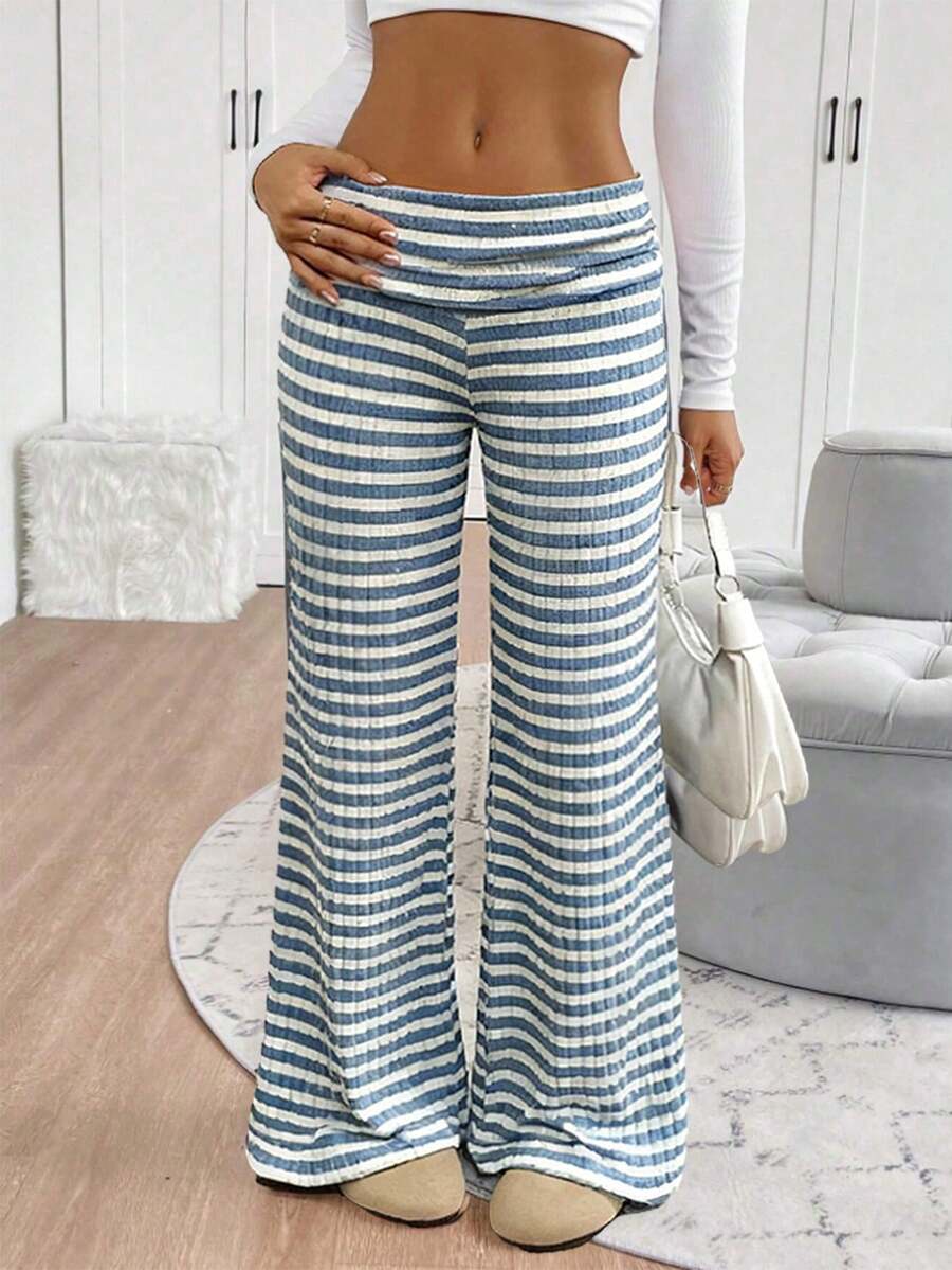 SHEIN Quần nỉ ống rộng cạp gập họa tiết sọc tương phản thường ngày cho bé gái tuổi teen, mùa xuân/hè trở lại trường - Nhiều màu - Xem 1