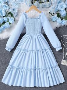 SHEIN 少女纯色方领泡泡袖褶皱腰身荷叶边下摆法式甜美中长连衣裙 - 淺藍色 - 查看 3