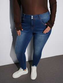 Maija Plus Size Distressed Skinny Stretch 7/8 Length Denim Jeans, Blue - Blue - View 5