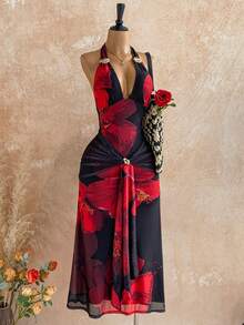 Soleia 春夏新款休闲度假西部海滩婚礼宾客礼服毕业早午餐连衣裙，圣帕特里克节春假复活节音乐节优雅波西米亚热带露背金属装饰网纱花卉印花情人节派对蝴蝶结长裙 - 紅色 - 查看 5