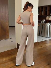 SHEIN EZwear Bộ vest vải lanh trơn màu mùa hè dành cho nữ, áo vest một hàng khuy và quần dài rộng rãi, thời trang thu/đông - Lạc đà - Xem 2