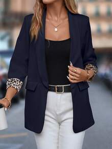 SHEIN Clasi Leopard Print Shawl Collar Open Front Blazer In Fall/Winter - Blue - View 6