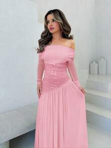 Jemour 新款一字肩长袖撞色网纱刺绣不对称下摆拼接超长高弹修身连衣裙优雅浪漫 - 粉色 - 查看 5