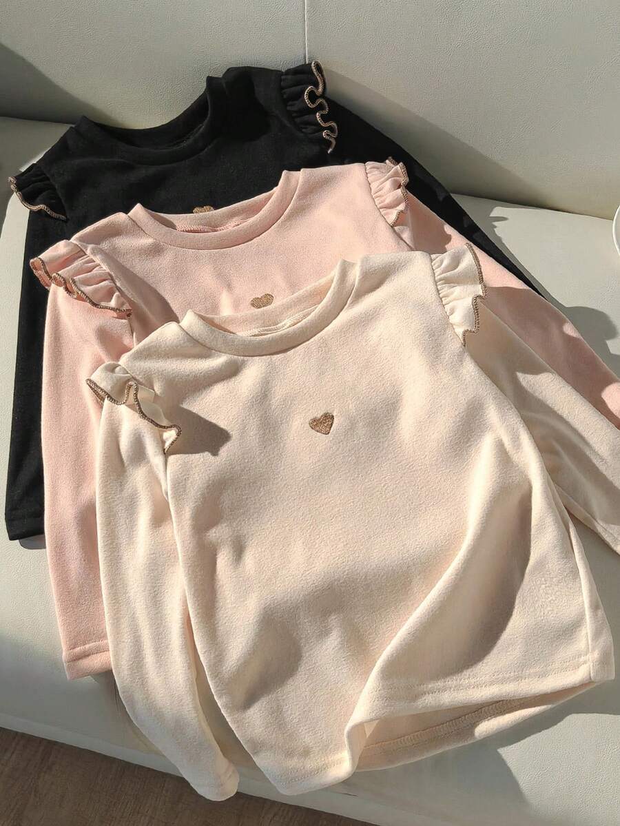 Genkimix Kids 3pcs Young Girls Autumn/Winter Ruffle Trim Double-Sided Fleece Thermal Underwear, Versatile Round Neck Embroidered Heart Long Sleeve T-Shirt