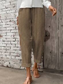 Breezaya 女式纯色松紧腰口袋锥形休闲裤 - 卡其色 - 查看 4