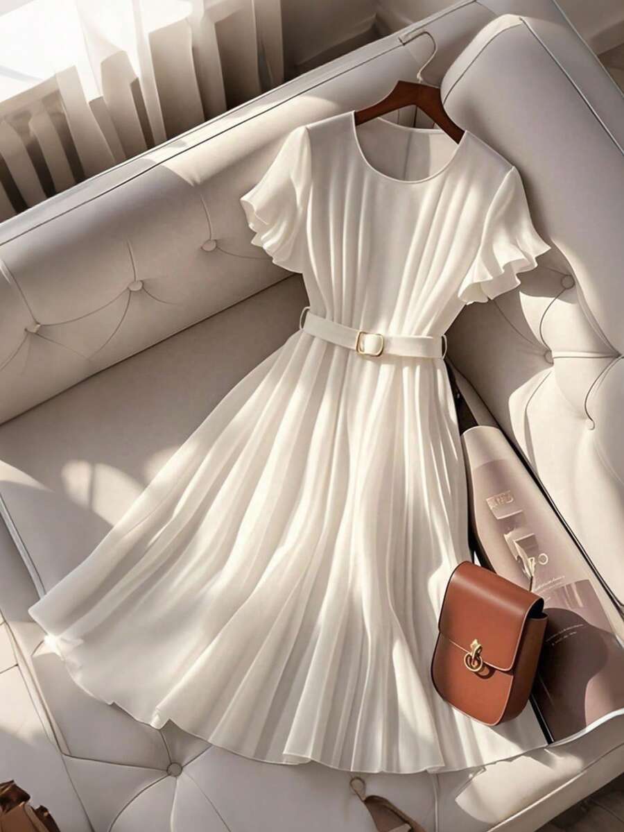 Franclia High-End French Casual Belted Long Dress For Women - White - View 1