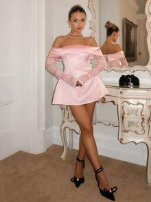 SHEIN Glamour 女士优雅露肩蕾丝拼接迷你连衣裙，适合生日派对、返校、毕业舞会、姐妹聚会、下午茶 - 粉色 - 查看 5