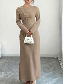 Selianne Đầm dệt kim ôm dáng cổ tròn tay dài họa tiết hoa trơn màu dành cho nữ, mùa thu/đông - Màu Khaki - Xem 4