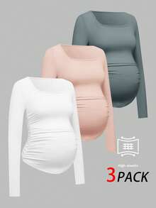 SHEIN 孕妇纯色简约长袖T恤，日常孕妇装 - 淺粉色 - 查看 4