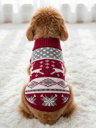 PETSIN 1 Pc Warm Christmas Pet Sweater: Reindeer Snowflake Color Blocking Design Animal Clothing