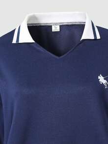 SHEIN Explorewe 少女两件套：纯色字母印花 Polo 衫 + 宽松运动裤，休闲秋冬穿搭组合 - 藏蓝色 - 查看 4