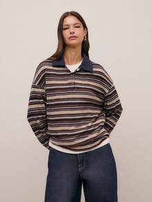 Nöista Áo polo dài tay kẻ sọc, chất liệu dệt kim mềm mại, độ dày vừa phải, mang đến cảm giác thoải mái và trẻ trung, hoàn hảo cho kỳ nghỉ xuân của phái nữ, những bộ trang phục ấm áp cuối tuần, phong cách thường ngày theo mùa, các buổi tụ họp sinh nhật và ngày Valentine trang trọng. - Màu xanh hải quân - Xem 4