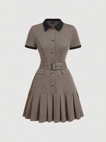 SHEIN MOD Women's Houndstooth Polo Collar Pleated Dress With Belt,Going Out,Work Office Outfits ,Christmas,Homecoming,Plaid Dress - Multicolor - View 1