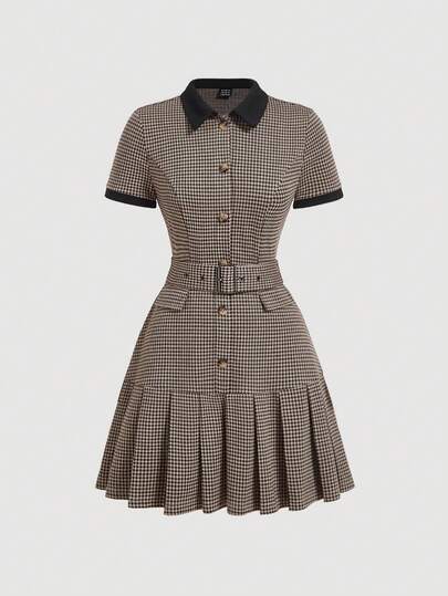 SHEIN MOD Women's Houndstooth Polo Collar Pleated Dress With Belt,Going Out,Work Office Outfits ,Christmas,Homecoming,Plaid Dress