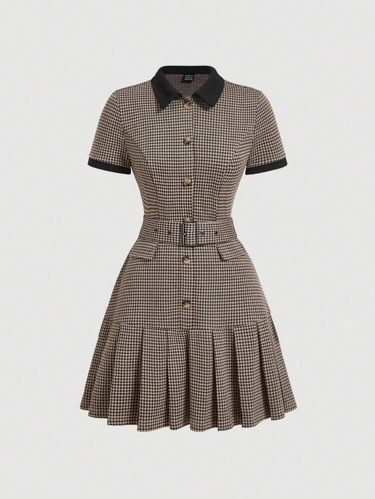 plaid homecoming dress Busydd Womens Fall Dresses Turndown Collar Long Sleeve Dress Fashion Elegant Plaid Homecoming Dresses Casual V Neck Button Midi Dress with Belt,
