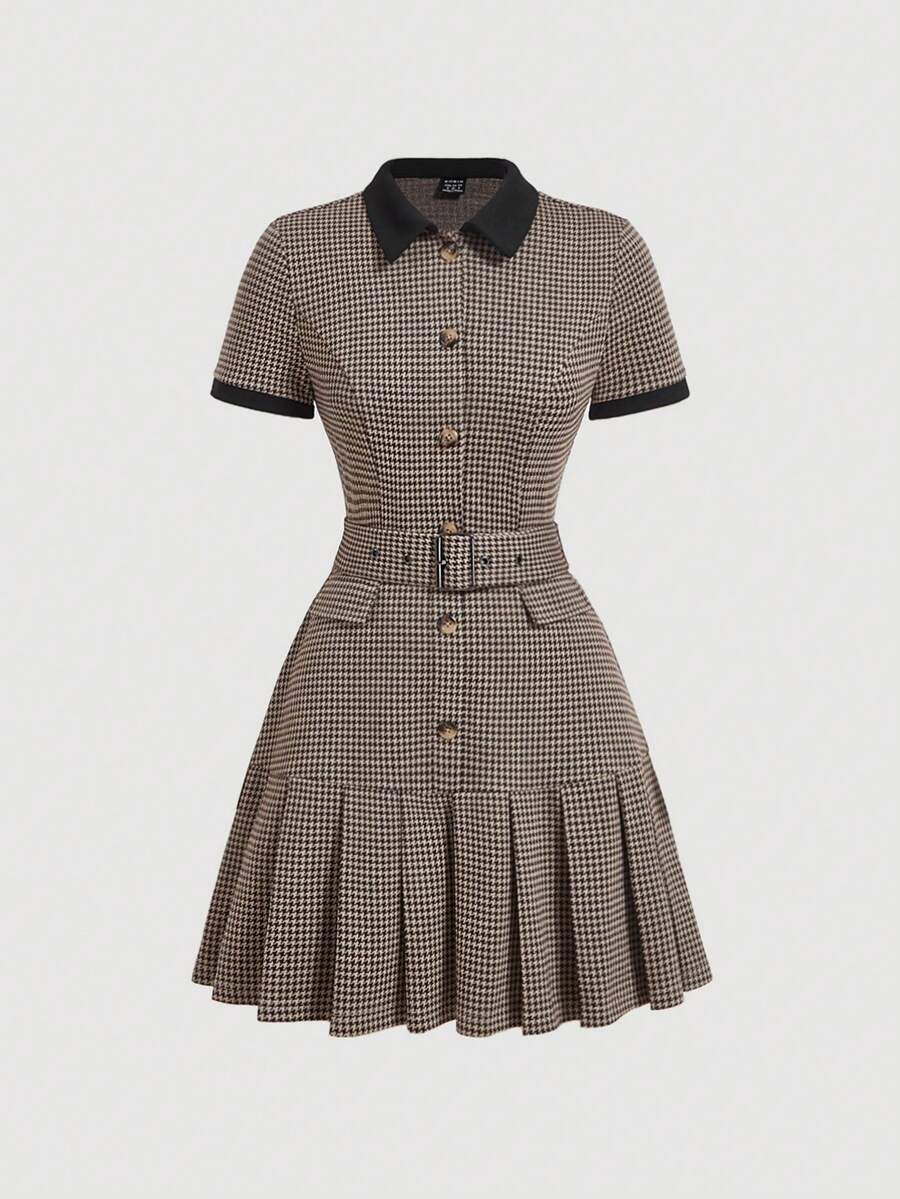 SHEIN MOD Women's Houndstooth Polo Collar Pleated Dress With Belt,Going Out,Work Office Outfits ,Christmas,Homecoming,Plaid Dress - Multicolor - View 1