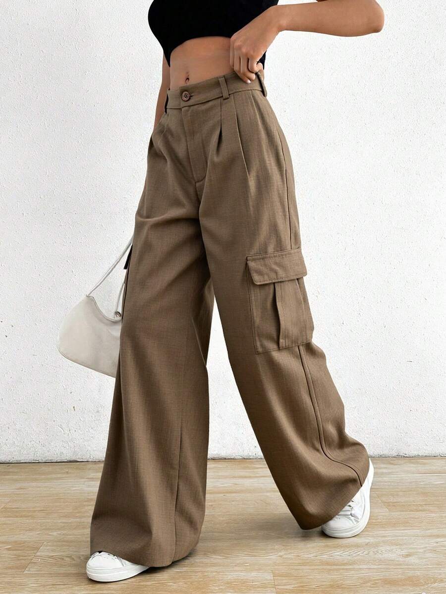 Pantalones Cargo de Mujer de Cintura Alta y Pierna Ancha, con Diseño de Bolsillos Múltiples y Opciones de Longitud, Estilosos y Versátiles - Café - Ver 1