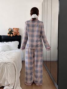 Snug Zone 格纹撞色滚边翻领上衣和裤子睡衣套装，冬季服装 - 彩色 - 查看 2