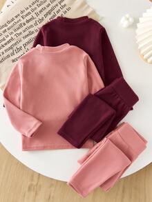 4pcs/Set Girls Young Girl Far Infrared Heating Textured Fabric Long Sleeve Top And Long Pants Underwear Set, Versatile Basic Autumn/Winter