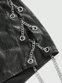 ROMWE Grunge Punk Spring/Summer Carnival Party Black 2pcs Women's Retro Gyaru Biker PU Halter Crop Top & Super Low-Rise Mini Bodycon Shorts Set - Black - View 4