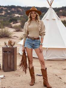 Glamine Women's Casual Solid Color Knit Top, Autumn/Winter S Cowgirl Top Cowboy Tops For Women Western Wear Women Western Top - Apricot - View 3