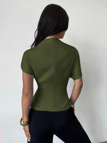 Firerie Crinkle Collar Asymmetrical Sleeve Side Ruched Waist Slim Fit Apricot Bamboo Fiber Fabric Blouse For Women, All Season Solid Color Tops Dark Green Top Olive Green Top Women Tops Elegant - Army Green - View 3