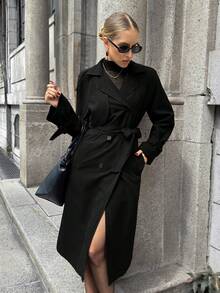 Lavishia 女士仿麂皮绒保暖内衬优雅时尚通勤风衣 - 黑色 - 查看 4