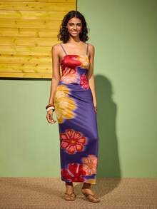 Felipe Marques Women's Floral Print Bodycon Off Shoulder Backless Sleeveless Sexy Maxi Dress, Casual For Spring/Autumn Vacation, Party, Evening, Purple - Purple - View 1