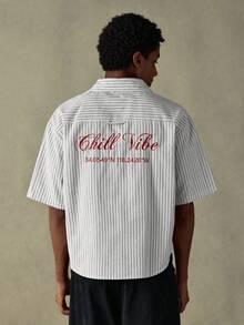 SWAVVY Men's Woven Letter Embroidered Striped Short Sleeve Casual Shirt Men Casual Shirt Chill Vibe Shirt Streetwear Men Shirt Striped Men Shirt Casual Striped Shirt - White - View 3