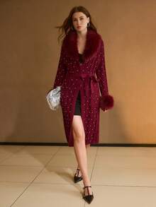 MOTF PREMIUM ÁO KHOÁC CỔ LÔNG DỆT KIM CƯỜNG CÓ THẮT LƯNG ĐÁ NHÂN DÀNH CHO NỮ, MÙA THU/ĐÔNG - Màu Đỏ Sâu - Xem 6