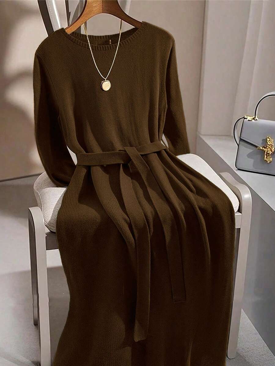 GlowEve CURVE 大码女式纯色圆领半袖系带休闲针织连衣裙 - 咖啡棕 - 查看 1