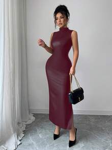 SHEIN Elenzya Đầm dài ôm sát gợi cảm cổ đứng không tay chất liệu da co giãn thắt lưng nơ bên hông mới cho nữ, phù hợp cho các buổi hẹn hò, tiệc tùng, đi chơi, trẻ trung và thanh lịch, mùa thu/đông - Màu Đỏ Sâu - Xem 8