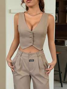 SHEIN EZwear Bộ vest vải lanh trơn màu mùa hè dành cho nữ, áo vest một hàng khuy và quần dài rộng rãi, thời trang thu/đông - Lạc đà - Xem 4